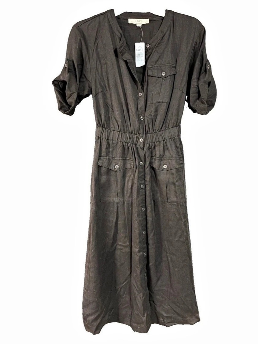 LOFT Petite Utility Midi Pocket Dress Black Size 2P *stain*